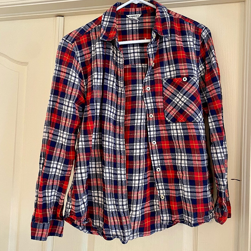 Women’s flannel button-up top with pocket, size Medium/Small. Forever 21. Used.